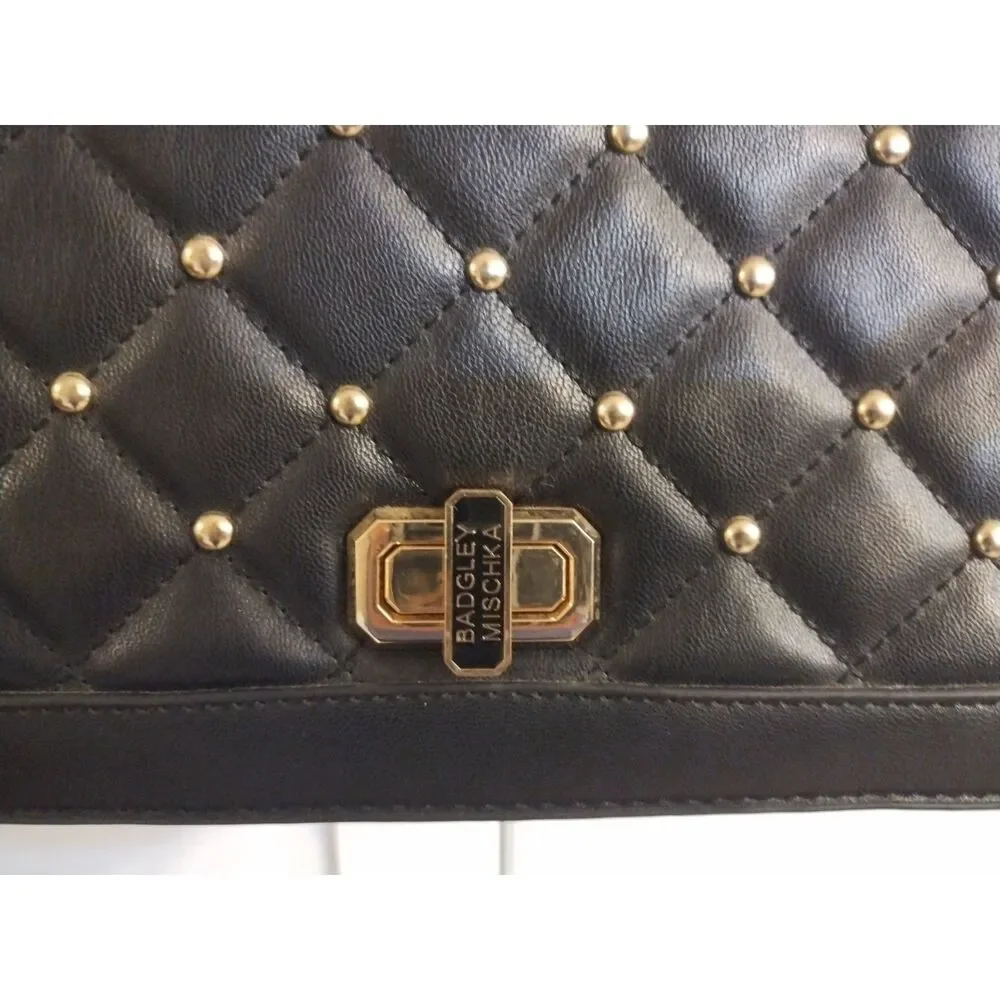 Badgley Mischka Vegan Leather Black Crossbody Purse Gold Chain Studded Punk - Picture 6 of 7